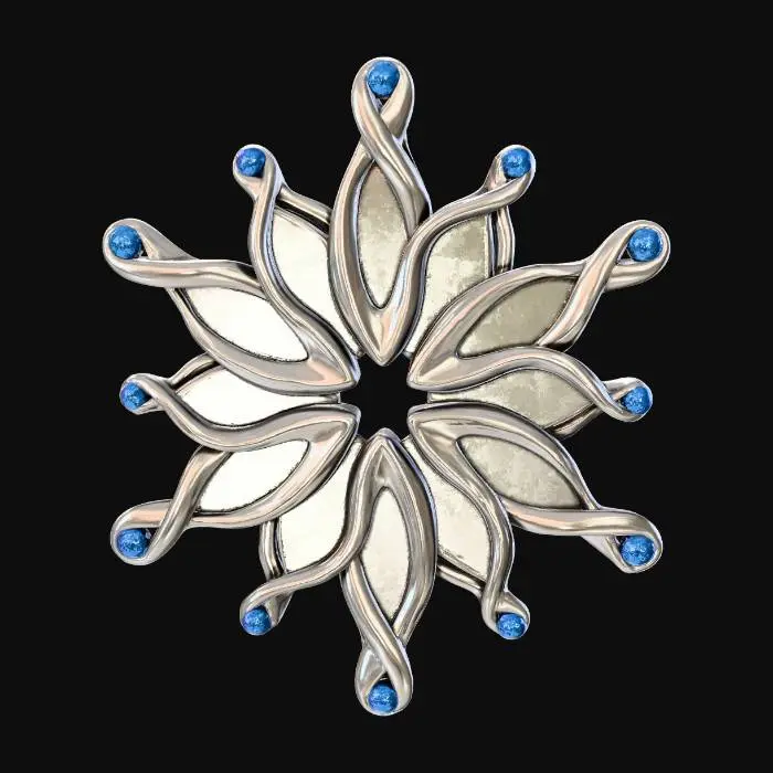 3D model for A fantastical snowflake ornament, uniquely shaped with asymmetric arms. Each arm is forged from polished titanium, providing a modern, silvery-grey sheen. The intricate voids within the snowflake are delicately filled with thin layers of frosted glass, capturing and diffusing light like true ice crystals. At the terminus of alternating arms, small, eye-catching Meshy Lime green gemstones (RGB 197, 249, 85) and Meshy Pink fuchsia gemstones (RGB 255, 62, 143) provide a vibrant, unexpected pop of color. #Christmas2025#