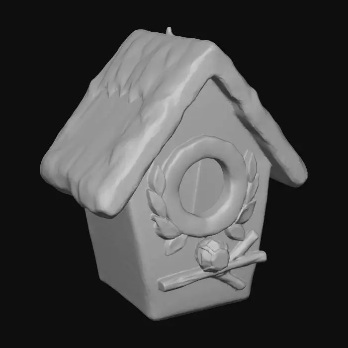 3D model for A charming Christmas birdhouse ornament, designed with a whimsical, wintry theme. Its main structure is crafted from polished copper, offering a warm, inviting luster. The roof and entrance hole are edged with delicate frosted resin, providing the appearance of glistening ice. Small, vibrant Meshy Lime green gemstones (RGB 197, 249, 85) are set as tiny leaves around the entrance, while a single Meshy Pink fuchsia gemstone (RGB 255, 62, 143) acts as a berry on the perch, creating a cozy, frosted miniature. #Christmas2025#