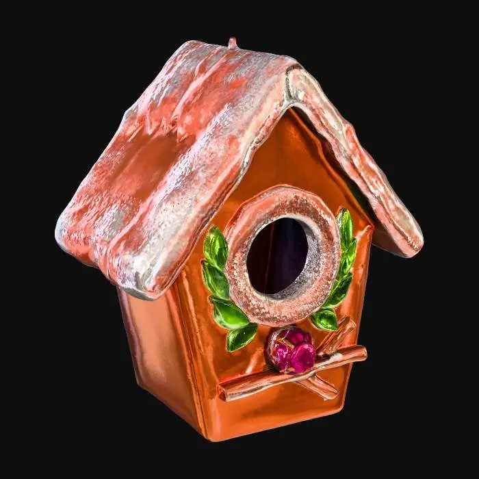 3D model for A charming Christmas birdhouse ornament, designed with a whimsical, wintry theme. Its main structure is crafted from polished copper, offering a warm, inviting luster. The roof and entrance hole are edged with delicate frosted resin, providing the appearance of glistening ice. Small, vibrant Meshy Lime green gemstones (RGB 197, 249, 85) are set as tiny leaves around the entrance, while a single Meshy Pink fuchsia gemstone (RGB 255, 62, 143) acts as a berry on the perch, creating a cozy, frosted miniature. #Christmas2025#