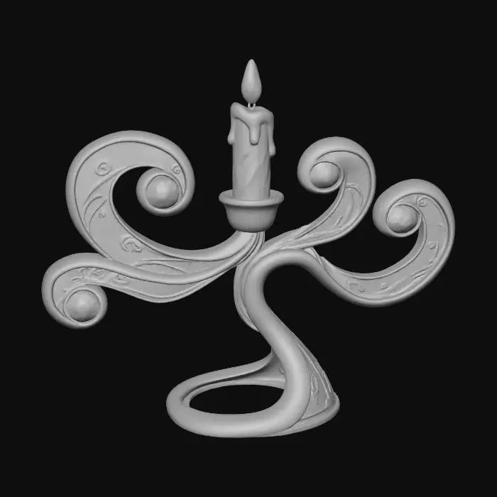 3D model for A stylized Christmas candelabra ornament, designed for a single candle. Its elegant base and arms are made from highly polished pewter, reflecting light with a cool, silvery sheen. Delicate, swirling patterns resembling frozen mist are etched into sections of frosted acrylic along the arms, creating an ethereal ice effect. At the end of each arm, a small, brilliant Meshy Lime green gemstone (RGB 197, 249, 85) or Meshy Pink fuchsia gemstone (RGB 255, 62, 143) sparkles, adding vibrant festive color. #Christmas2025#