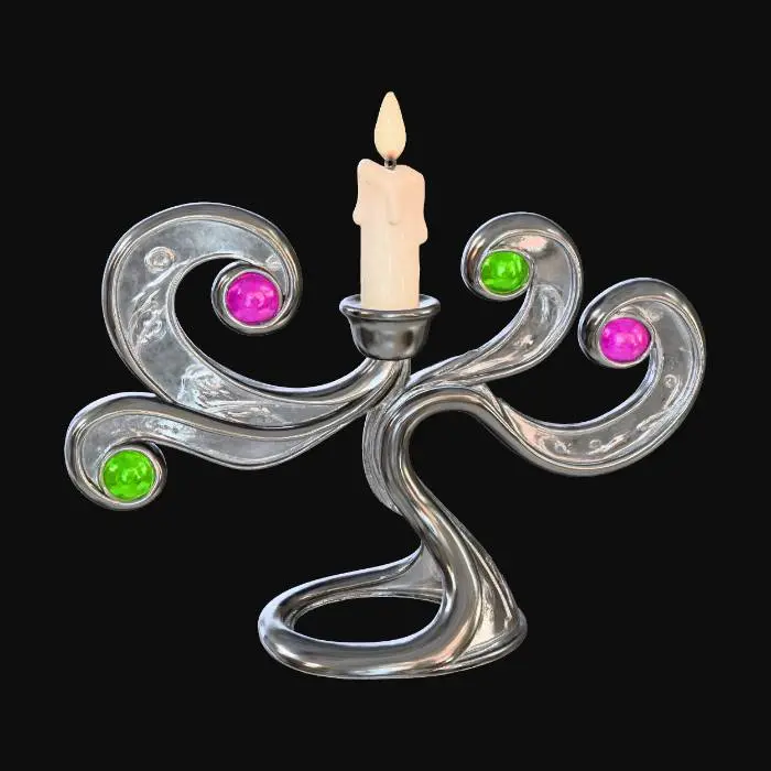 3D model for A stylized Christmas candelabra ornament, designed for a single candle. Its elegant base and arms are made from highly polished pewter, reflecting light with a cool, silvery sheen. Delicate, swirling patterns resembling frozen mist are etched into sections of frosted acrylic along the arms, creating an ethereal ice effect. At the end of each arm, a small, brilliant Meshy Lime green gemstone (RGB 197, 249, 85) or Meshy Pink fuchsia gemstone (RGB 255, 62, 143) sparkles, adding vibrant festive color. #Christmas2025#