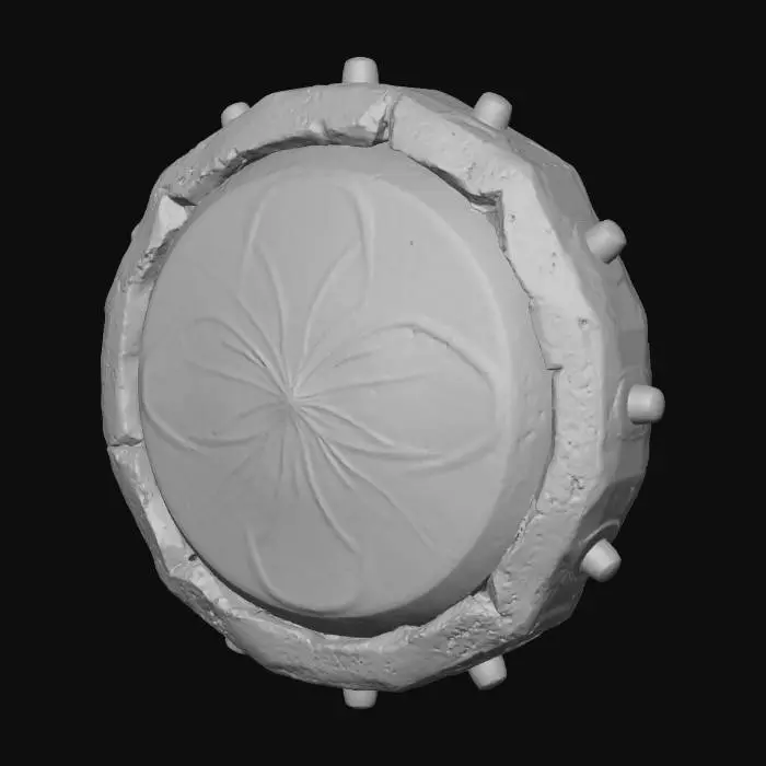 3D model for A stylized PBR 3D game asset, a round shield made of a giant spiral red and white peppermint hard candy. Surface features high gloss sugar texture and tiny bubbles. The rim is reinforced with a thick ring of baked gingerbread cookie, decorated with colorful gumdrops. Delicious but solid appearance, distinct material separation between candy and cookie.