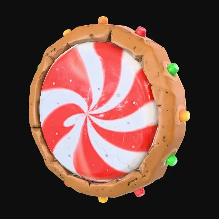 3D model for A stylized PBR 3D game asset, a round shield made of a giant spiral red and white peppermint hard candy. Surface features high gloss sugar texture and tiny bubbles. The rim is reinforced with a thick ring of baked gingerbread cookie, decorated with colorful gumdrops. Delicious but solid appearance, distinct material separation between candy and cookie.