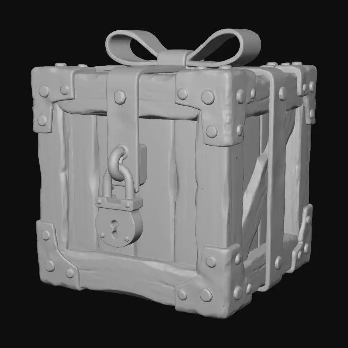 3D model for A stylized PBR 3D game asset, a heavy reinforced gift crate. Constructed from thick wooden planks painted vibrant red, with deep visible wood grain and chipped paint at the edges. The corners are reinforced with rusty riveted iron brackets. The "ribbon" is actually a gold-painted metal band clamped around the box. A heavy padlock hangs on the front. Chunky, weighty, distinct material roughness.