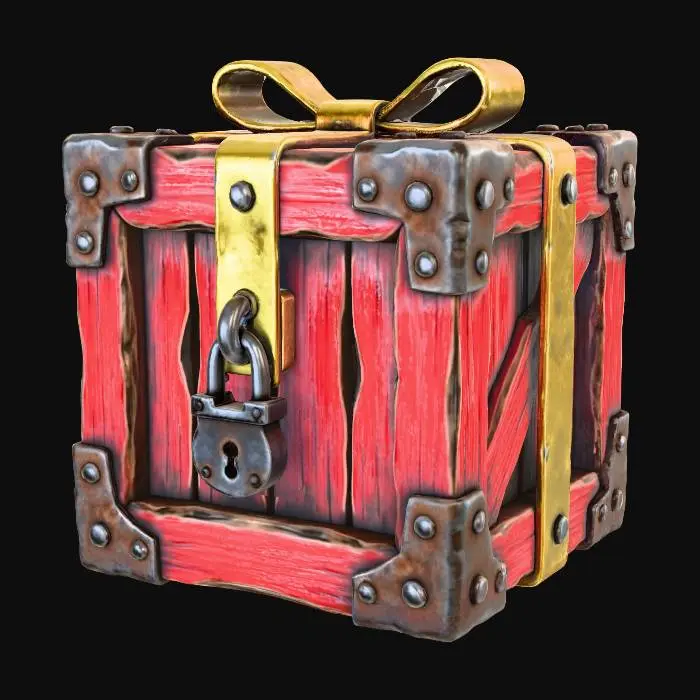 3D model for A stylized PBR 3D game asset, a heavy reinforced gift crate. Constructed from thick wooden planks painted vibrant red, with deep visible wood grain and chipped paint at the edges. The corners are reinforced with rusty riveted iron brackets. The "ribbon" is actually a gold-painted metal band clamped around the box. A heavy padlock hangs on the front. Chunky, weighty, distinct material roughness.