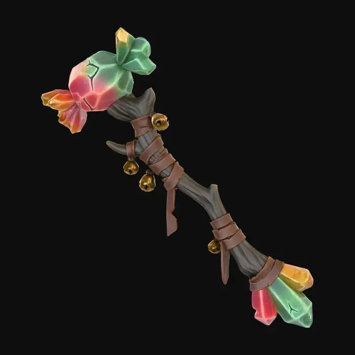 3D model for A stylized fantasy magic staff made from hardened candy and old wood.
Candy parts are cracked, chipped, and dull, not glossy or edible.
Wrapped with leather straps and small bells.
Exaggerated proportions, hand-sculpted look.
Stylized dark Christmas game prop.