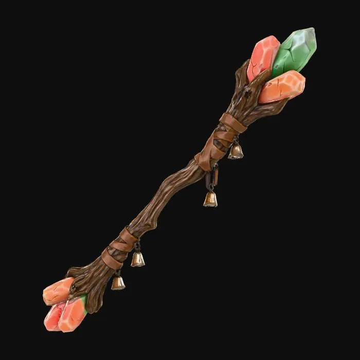 3D model for A stylized fantasy magic staff made from hardened candy and old wood.
Candy parts are cracked, chipped, and dull, not glossy or edible.
Wrapped with leather straps and small bells.
Exaggerated proportions, hand-sculpted look.
Stylized dark Christmas game prop.