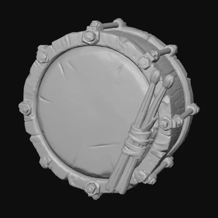 3D model for A stylized PBR 3D game asset, a round buckler shield made from a festive Toy Soldier's marching drum. The rim is reinforced, jagged red and white painted wood with chunky brass tension rods. The drumhead is not paper, but thick, battle-worn stretched leather with a faded gold star painted in the center. The drumsticks are strapped to the back as a handle. Vibrant colors, distinct material separation between brass and painted wood.