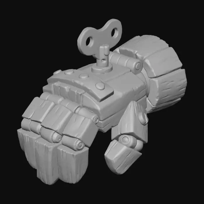 3D model for A stylized PBR 3D game asset, a heavy mechanical gauntlet. Mimics the aesthetic of a wooden toy soldier. Constructed from large, painted red wood blocks connected by oversized brass hinges. The fist knuckles are reinforced with iron plates. A wind-up key sits on the back of the hand. Paint is chipped at the edges revealing raw wood grain underneath. Chunky, articulated construction.
