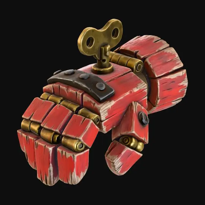 3D model for A stylized PBR 3D game asset, a heavy mechanical gauntlet. Mimics the aesthetic of a wooden toy soldier. Constructed from large, painted red wood blocks connected by oversized brass hinges. The fist knuckles are reinforced with iron plates. A wind-up key sits on the back of the hand. Paint is chipped at the edges revealing raw wood grain underneath. Chunky, articulated construction.