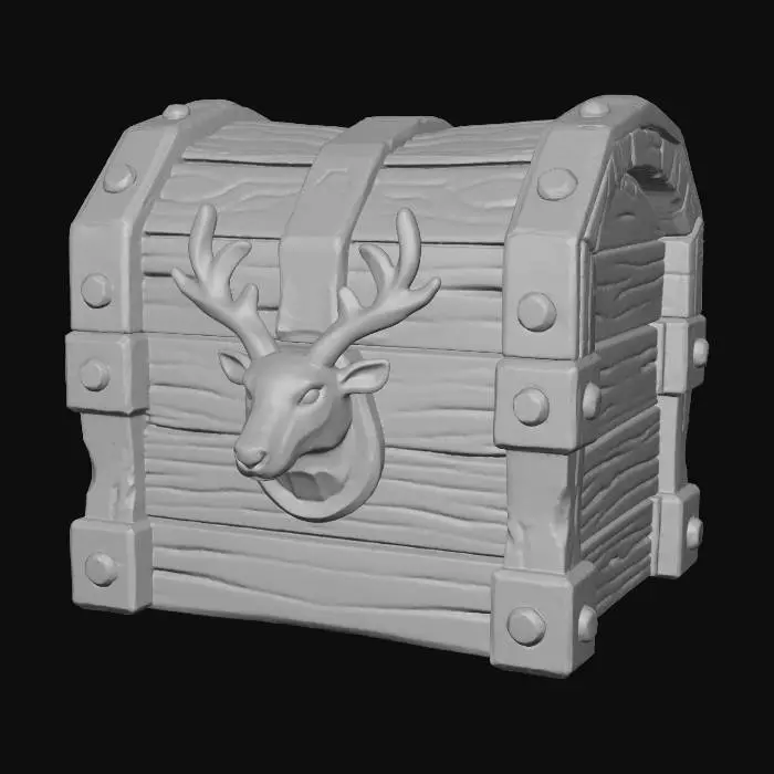 3D model for A stylized PBR 3D game asset, a heavy Christmas treasure chest. Constructed from thick red-painted oak planks with chipped paint and deep wood grain. Reinforced with chunky cast iron framing and oversized rivets. The latch is a heavy gold relief sculpture of a reindeer head. Exaggerated bevels, stylistic edge wear, distinct separation of wood and metal materials.