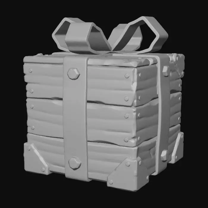 3D model for A stylized PBR 3D game asset, a supply crate disguised as a gift. Not paper, but constructed from rough pine wooden planks. Instead of ribbon, it is bound by two wide red steel straps secured with huge rivets. The "bow" on top is made of bent sheet metal. Corners are reinforced with cast iron. Heavy, durable aesthetic, visible wood grain and metal scratches.