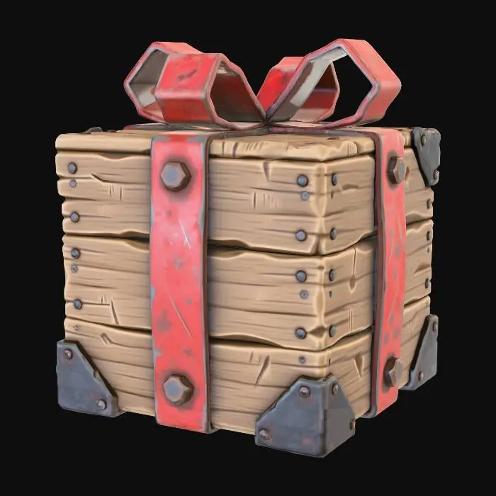 3D model for A stylized PBR 3D game asset, a supply crate disguised as a gift. Not paper, but constructed from rough pine wooden planks. Instead of ribbon, it is bound by two wide red steel straps secured with huge rivets. The "bow" on top is made of bent sheet metal. Corners are reinforced with cast iron. Heavy, durable aesthetic, visible wood grain and metal scratches.