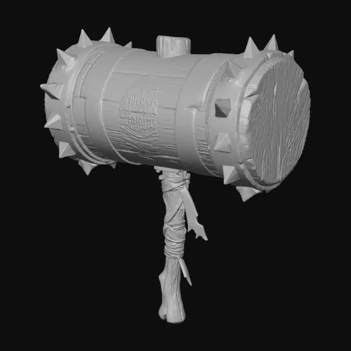 3D model for A stylized PBR 3D game asset, a massive two-handed Siege Mallet. The hammer head is a giant solid cylinder of hardwood, painted with vibrant but heavily chipped red and green candy stripes. The striking faces are reinforced with thick, spiked rusty iron plates. The handle is a rough wooden staff wrapped in colorful cloth scraps. Faded gold stamped logo on the side reads "Made in North Pole". Exaggerated proportions, heavy wear, distinct wood and metal textures.