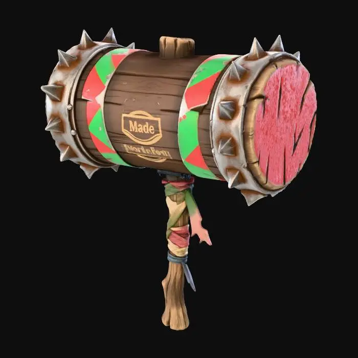 3D model for A stylized PBR 3D game asset, a massive two-handed Siege Mallet. The hammer head is a giant solid cylinder of hardwood, painted with vibrant but heavily chipped red and green candy stripes. The striking faces are reinforced with thick, spiked rusty iron plates. The handle is a rough wooden staff wrapped in colorful cloth scraps. Faded gold stamped logo on the side reads "Made in North Pole". Exaggerated proportions, heavy wear, distinct wood and metal textures.