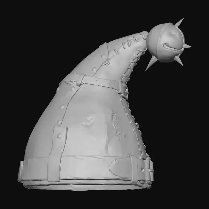 3D model for A stylized PBR 3D game asset, a pointed helmet. Not soft cloth, but constructed from layered, riveted panels of hardened green and red felt, reinforced with leather straps. The tip of the hat ends in a heavy, spiked brass jingle bell (usable as a flail head). Visible stitching, rigid fabric texture, metallic impacts.