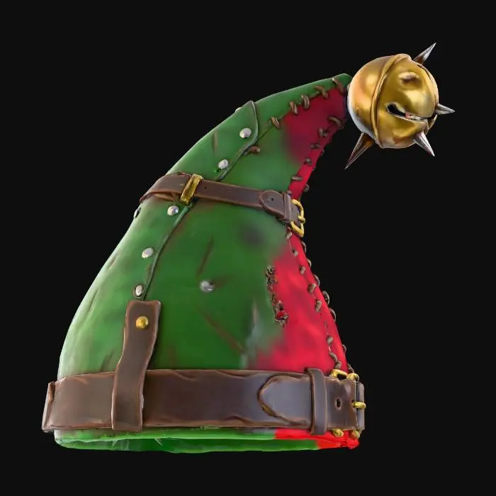 3D model for A stylized PBR 3D game asset, a pointed helmet. Not soft cloth, but constructed from layered, riveted panels of hardened green and red felt, reinforced with leather straps. The tip of the hat ends in a heavy, spiked brass jingle bell (usable as a flail head). Visible stitching, rigid fabric texture, metallic impacts.