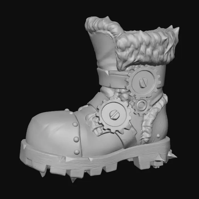 3D model for A stylized PBR 3D game asset, a giant combat boot. Made of thick, worn red leather with chunky white fur trim. The toe box is a massive, rusty forged iron cap. The sole has deep treads and metal spikes. Huge brass gears serve as buckles on the side. Heavy weight aesthetic, exaggerated proportions, scuffed textures.