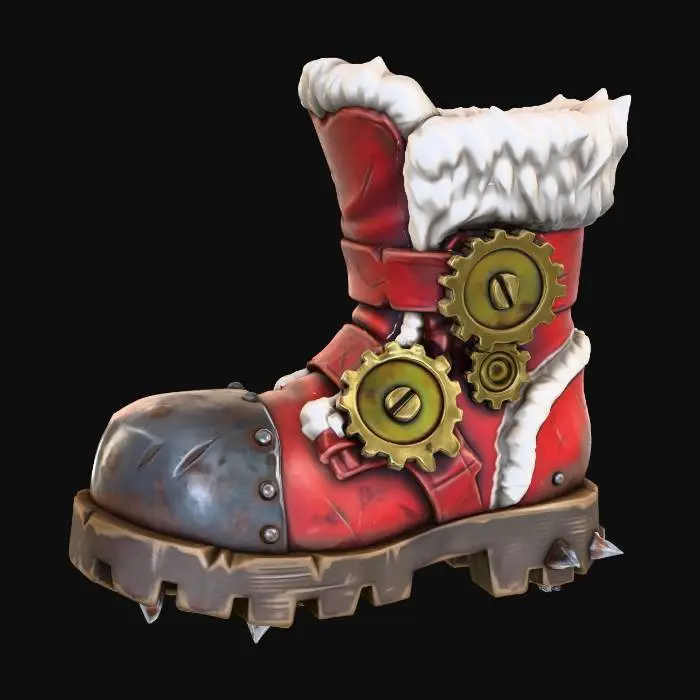 3D model for A stylized PBR 3D game asset, a giant combat boot. Made of thick, worn red leather with chunky white fur trim. The toe box is a massive, rusty forged iron cap. The sole has deep treads and metal spikes. Huge brass gears serve as buckles on the side. Heavy weight aesthetic, exaggerated proportions, scuffed textures.