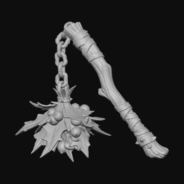 3D model for A stylized PBR 3D game asset, a one-handed flail. The handle is a rough tree branch. The striking head connected by a chain is a massive cluster of metal mistletoe. Leaves are sharp green copper plates, and the white berries are spiked steel spheres. Dangerous foliage aesthetic, sharp edges, metallic rattling look.