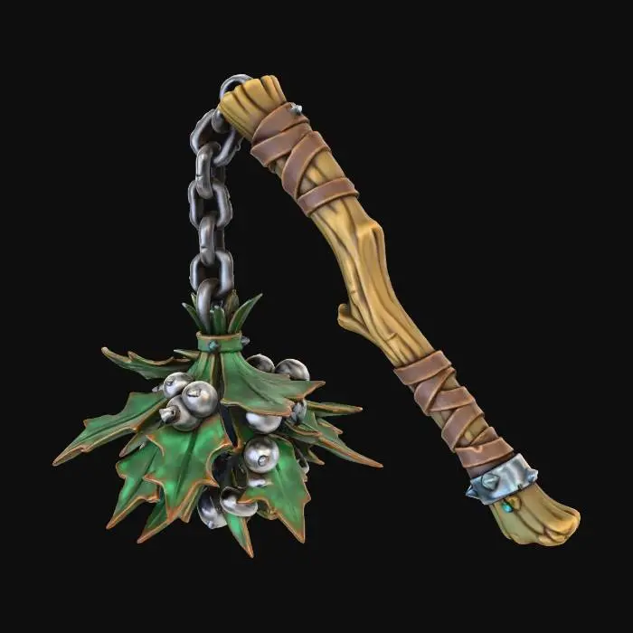 3D model for A stylized PBR 3D game asset, a one-handed flail. The handle is a rough tree branch. The striking head connected by a chain is a massive cluster of metal mistletoe. Leaves are sharp green copper plates, and the white berries are spiked steel spheres. Dangerous foliage aesthetic, sharp edges, metallic rattling look.