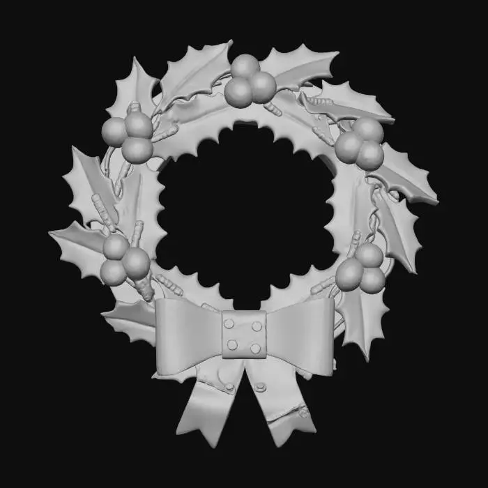 3D model for A stylized PBR 3D game asset, an industrial metal Christmas wreath. The holly leaves are sharp, cut sheet metal plates painted dark green, with heavy rust and visible weld marks. The red berries are oversized copper rivets and rusty ball bearings. A "bow" made of folded scrap metal sheet is at the bottom. Sharp edges, heavy industrial texture, hand-painted metal wear.