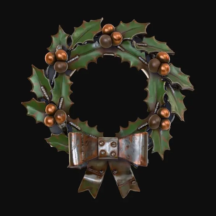 3D model for A stylized PBR 3D game asset, an industrial metal Christmas wreath. The holly leaves are sharp, cut sheet metal plates painted dark green, with heavy rust and visible weld marks. The red berries are oversized copper rivets and rusty ball bearings. A "bow" made of folded scrap metal sheet is at the bottom. Sharp edges, heavy industrial texture, hand-painted metal wear.