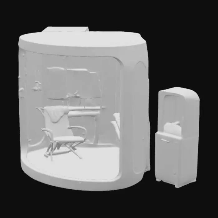 3D model for Un módulo médico en forma de cabina futurista, rectangular y compacto, con paredes grises y espejos de privacidad. En el interior tiene una silla, una mesa plegable, sensores médicos (manguito de presión, escáner de oxígeno, termómetro), una pantalla grande al frente mostrando un médico virtual, un teclado en braile asi como un asistente que traduzca en diferentes idiomas y lenguaje de señas  y un pequeño locker para medicamentos. Debe parecer un kiosco de alta tecnología, minimalista, con iluminación suave y diseño limpio