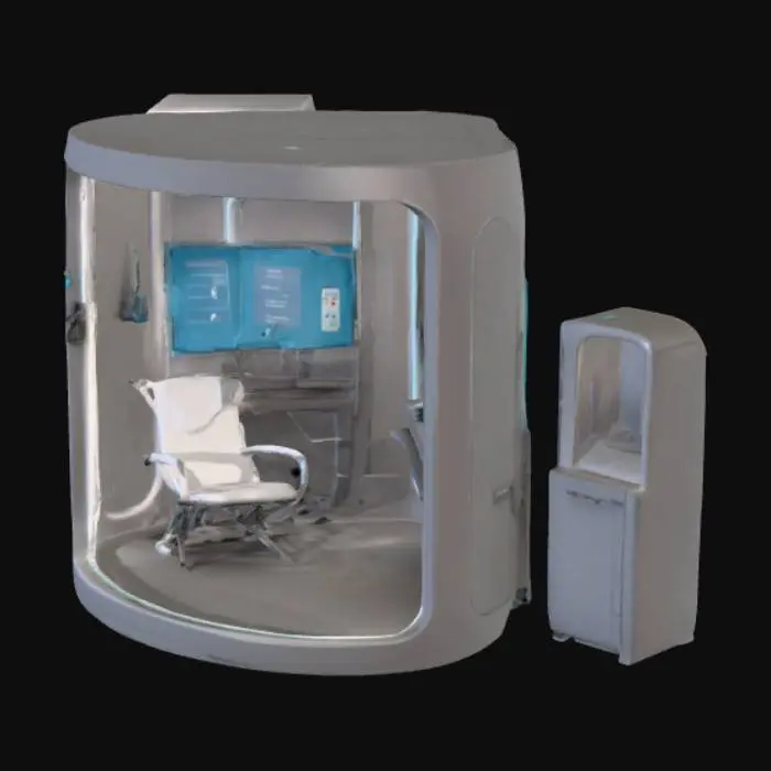 3D model for Un módulo médico en forma de cabina futurista, rectangular y compacto, con paredes grises y espejos de privacidad. En el interior tiene una silla, una mesa plegable, sensores médicos (manguito de presión, escáner de oxígeno, termómetro), una pantalla grande al frente mostrando un médico virtual, un teclado en braile asi como un asistente que traduzca en diferentes idiomas y lenguaje de señas  y un pequeño locker para medicamentos. Debe parecer un kiosco de alta tecnología, minimalista, con iluminación suave y diseño limpio