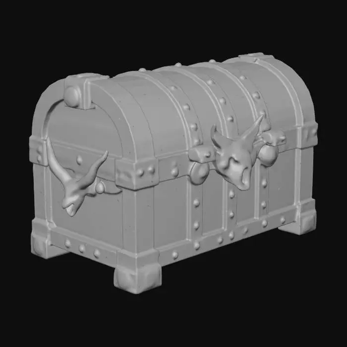 3D model for A treasure chest made of wood and metal, that is decorated with elk horned wolf skulls.