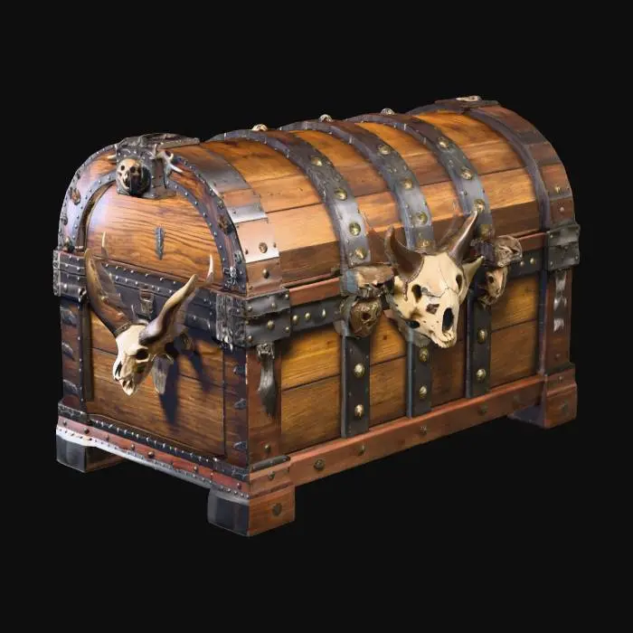 3D model for A treasure chest made of wood and metal, that is decorated with elk horned wolf skulls.