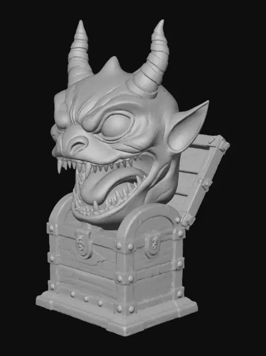 3D model for Erstelle eine Truhe, die gefährlich aussieht, mit einem monstergesicht drauf, die Truhe muss so aufgebaut werden, das die beim Drucken keine Stützen benötigt. Das Thema ist halloween