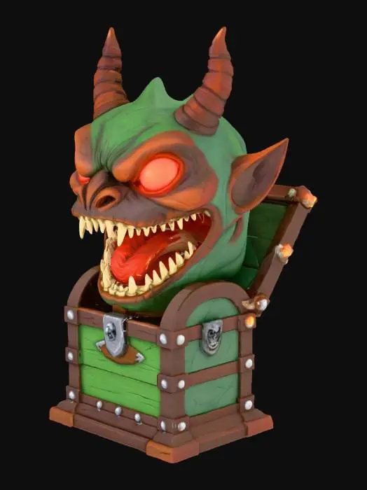 3D model for Erstelle eine Truhe, die gefährlich aussieht, mit einem monstergesicht drauf, die Truhe muss so aufgebaut werden, das die beim Drucken keine Stützen benötigt. Das Thema ist halloween