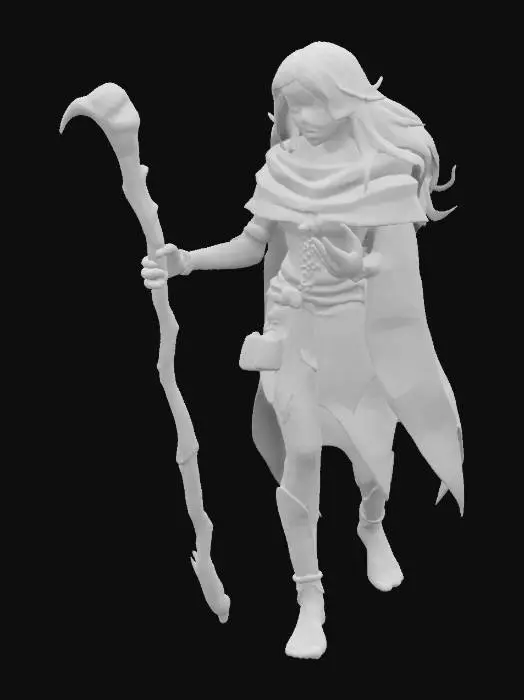 3D model for Low poly game asset optimized for XR. A wild, red haired sorceress walking barefoot with a gnarled wooden staff and green cloak with magical adornments and potions.