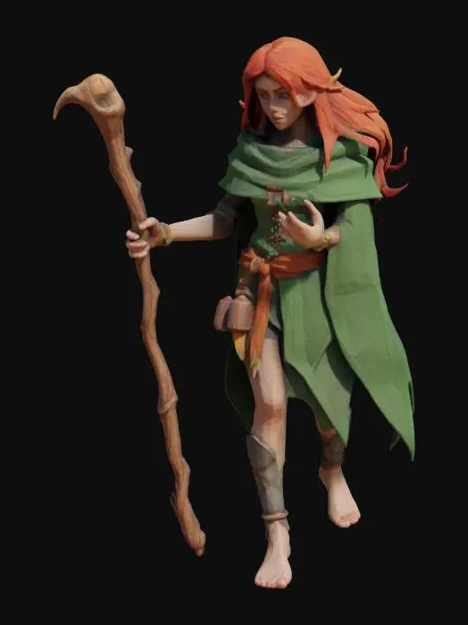 3D model for Low poly game asset optimized for XR. A wild, red haired sorceress walking barefoot with a gnarled wooden staff and green cloak with magical adornments and potions.
