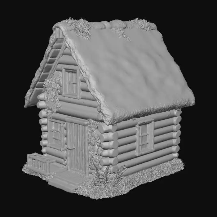 3D model for erstelle mir ein blockhaus aus holz gebaut und natur moos und ranken über den fenstern