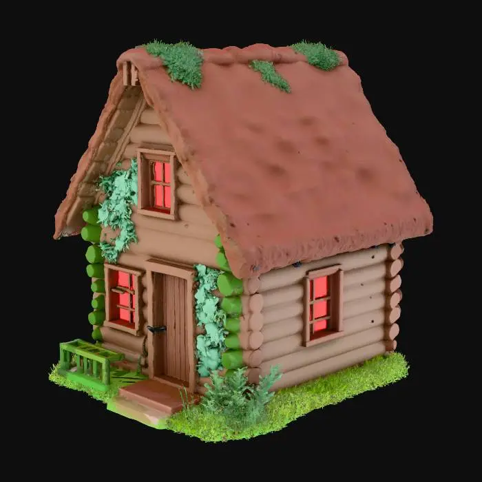 3D model for erstelle mir ein blockhaus aus holz gebaut und natur moos und ranken über den fenstern