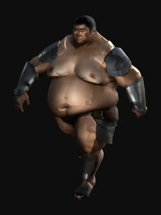 3D model for Asain man , Chubby armor-clad character with rounded shapes , topless , Black G-strings , Black shoes , ass