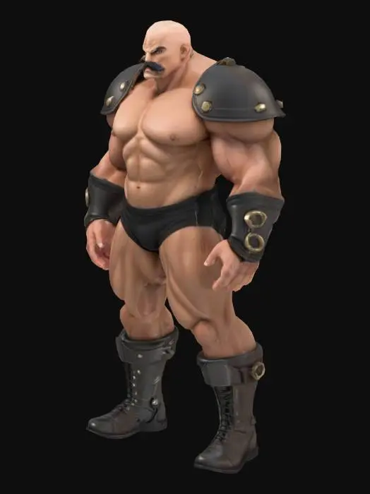 3D model for Nappa, Hunk , Bald , muscular male, massive body , mustache , micro armor , shoulder armor, boots , shirtless , Micro Black Mini Briefs 