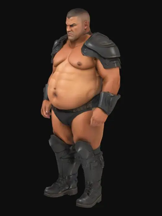 3D model for Muscle , Papa, Chubby , Dark-Tan skin , crew cut , ashamed face , Micro Black armor , Micro shoulder armor, boots