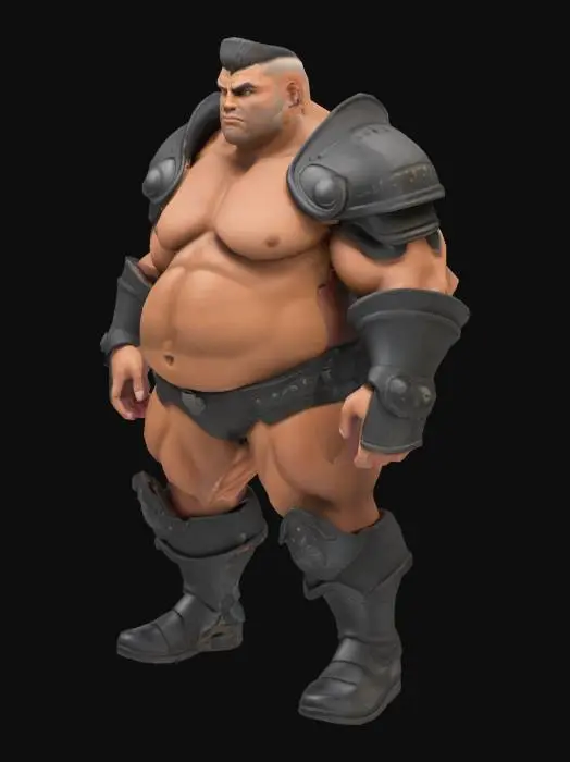 3D model for Muscle , Papa, Chubby , Dark-Tan skin , crew cut , ashamed face , Micro Black armor , Micro shoulder armor, Micro Brief Armor , boots