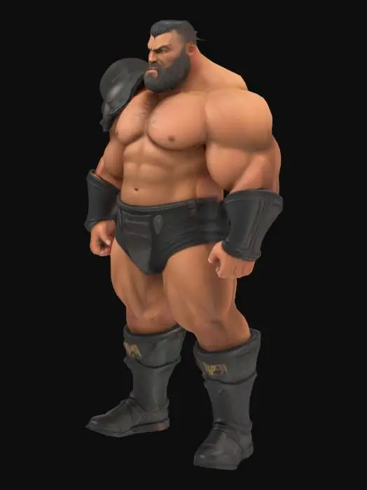 3D model for Muscle , Papa, Chubby , Dark-Tan skin , crew cut , ashamed face , Micro Black armor , Micro shoulder armor, Micro Armor Briefs , boot