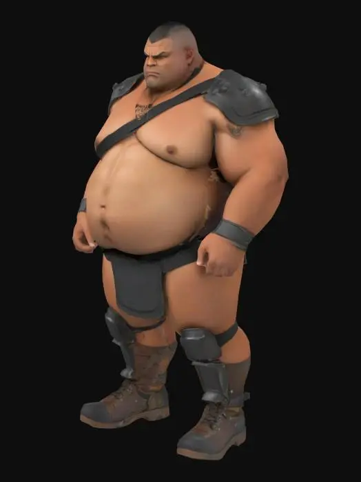 3D model for Muscle , Papa, Chubby , Dark-Tan skin , crew cut , ashamed face , Micro Black armor , Micro shoulder armor, Micro Armor Briefs , boot