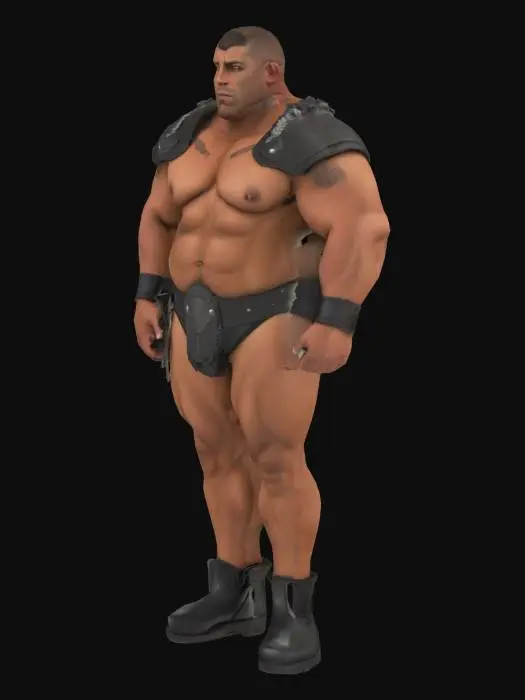 3D model for Muscle , Papa, Chubby , Dark-Tan skin , crew cut , ashamed face , Micro Black armor , Micro shoulder armor, Jockstrap , boots