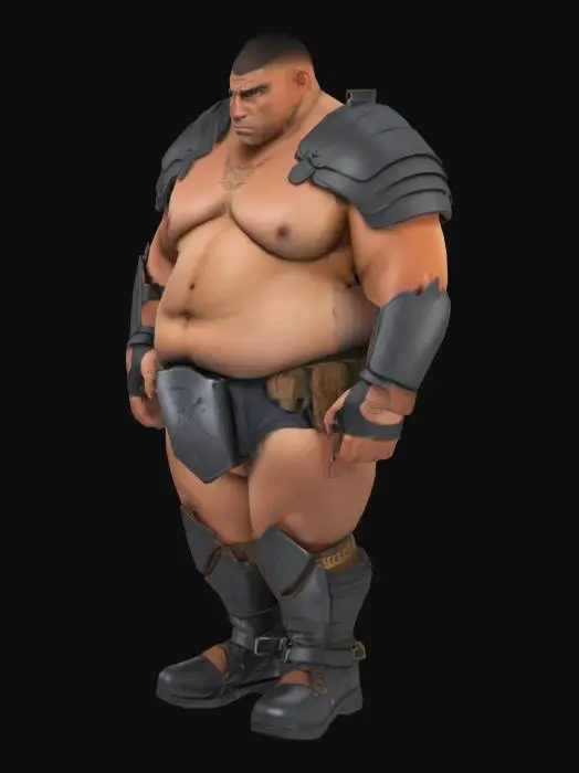 3D model for Muscle , Papa, Chubby , Dark-Tan skin , crew cut , ashamed face , Micro Black armor , Micro shoulder armor, Micro Armor Briefs , boots