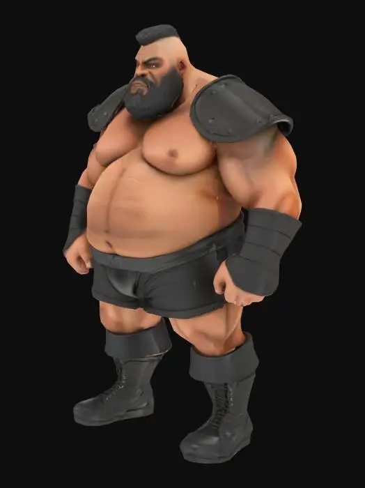3D model for Muscle , Papa, Chubby , Dark-Tan skin , crew cut , ashamed face , Micro Black armor , Micro shoulder armor, Micro Armor Briefs , boots