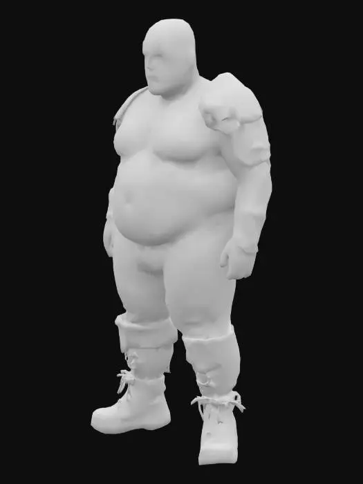 3D model for Muscle , Papa, Chubby , Dark-Tan skin , crew cut , ashamed face , Micro Black armor , Micro shoulder armor, Micro G-strings , boots