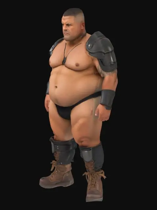 3D model for Muscle , Papa, Chubby , Dark-Tan skin , crew cut , ashamed face , Micro Black armor , Micro shoulder armor, Micro G-strings , boots