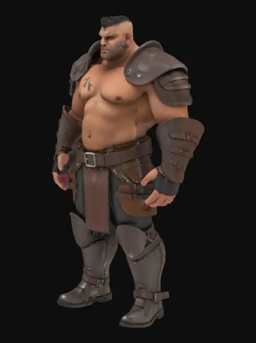 3D model for  male , fat , rounded face , massive jaw , BDSM Leather , dark-tan skin , crew cut , ashamed face , micro shouder armor , micro armor boots , (( damaged armor )) ,