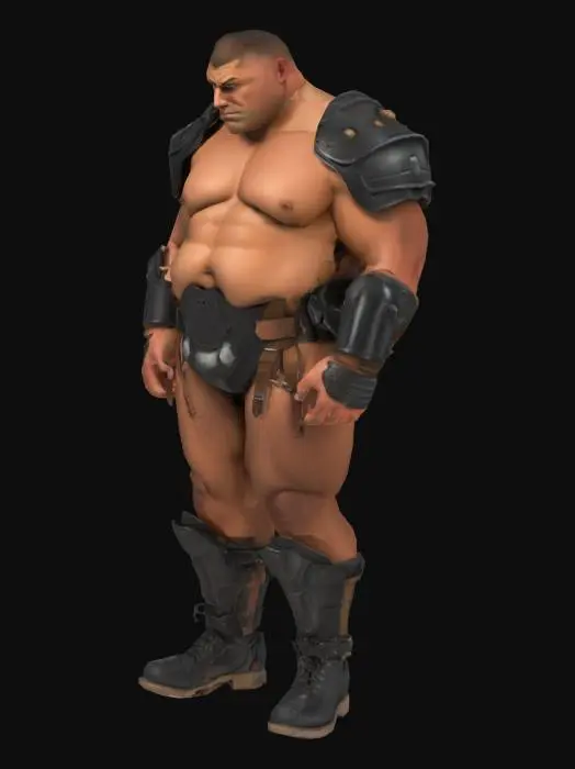 3D model for Muscle , Papa, Chubby , Dark-Tan skin , crew cut , ashamed face , Micro Black armor , Micro shoulder armor, Micro Armor Briefs , boot